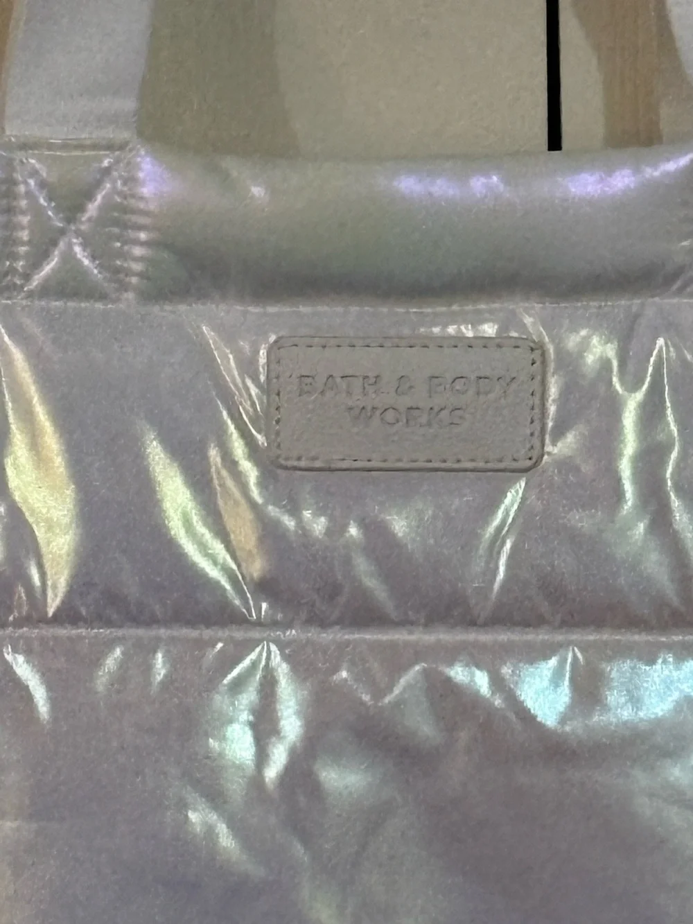 Sleek Bath & Body Works Iridescent Puffer Tote in White